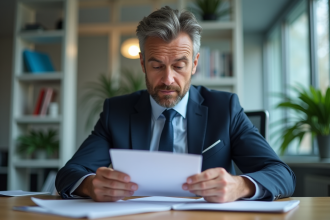 Administrateur hospitalier en costume lisant un document