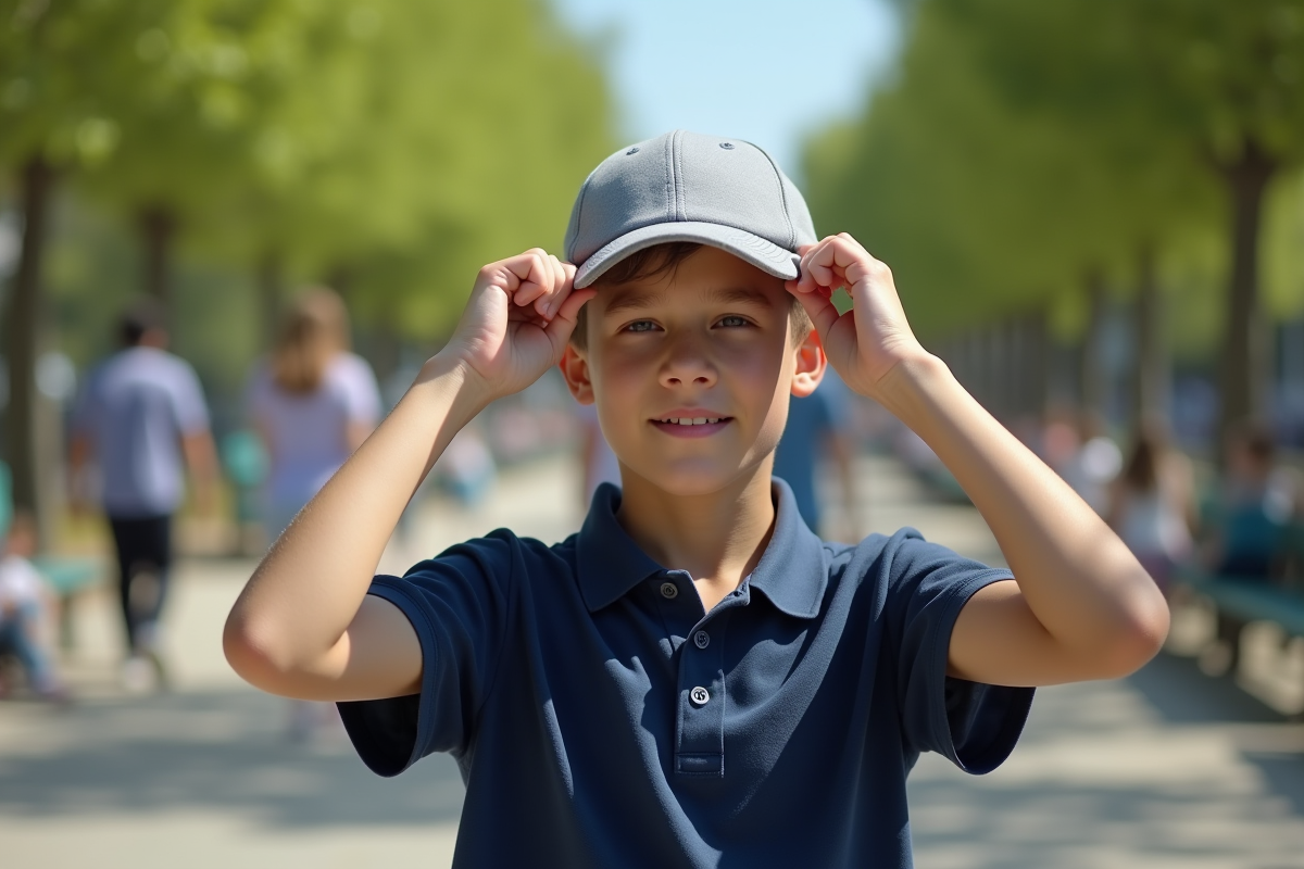 Adolescent ajustant son chapeau dans un parc urbain