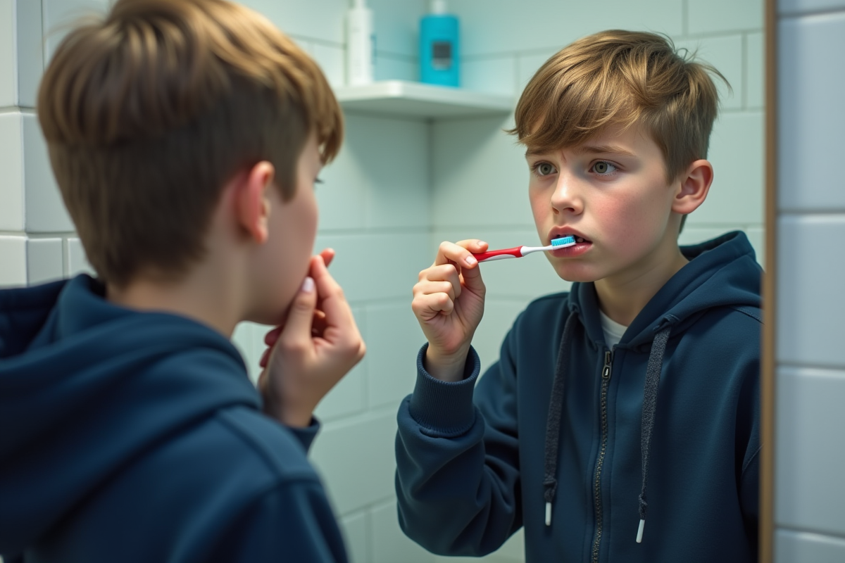 Adolescent se brossant les dents dans la salle de bain