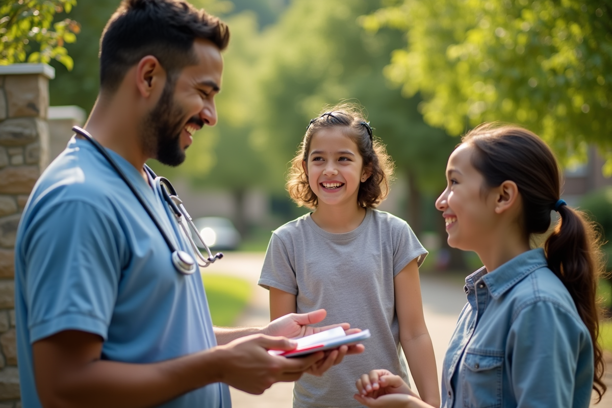 Agent de santé communautaire avec une famille en extérieur