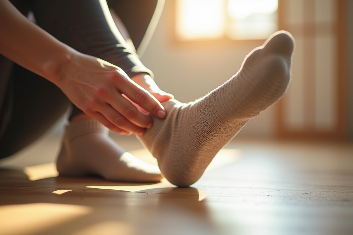 Main aidant à enfiler une chaussette à un pied