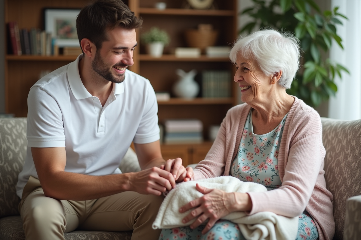 Aide-soignant montrant un kit de confort à une femme âgée dans un salon
