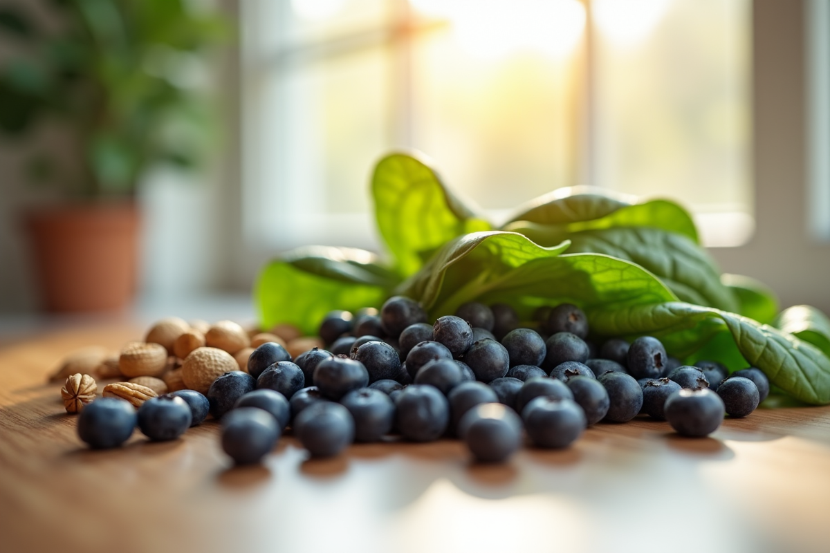 Fruits et légumes riches en antioxydants sur une table lumineuse