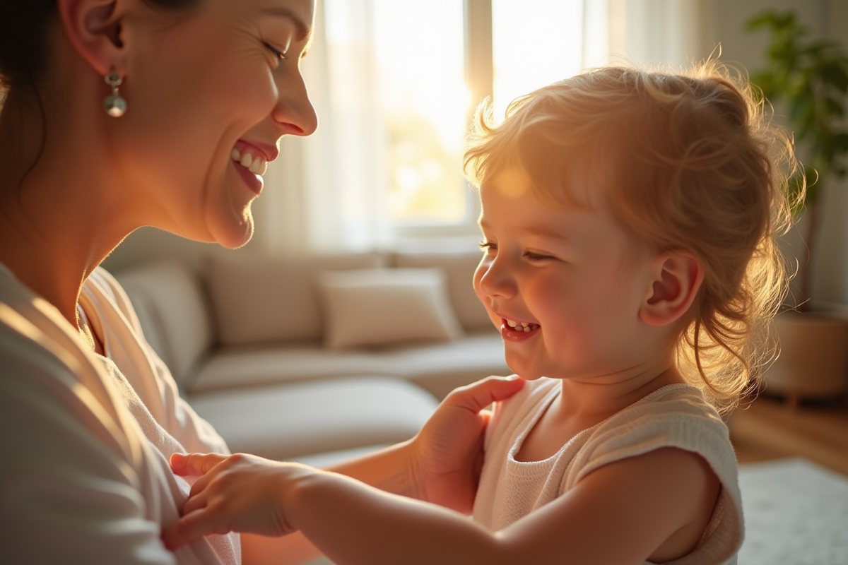 Femme appliquant une creme hydratante a son enfant a la maison
