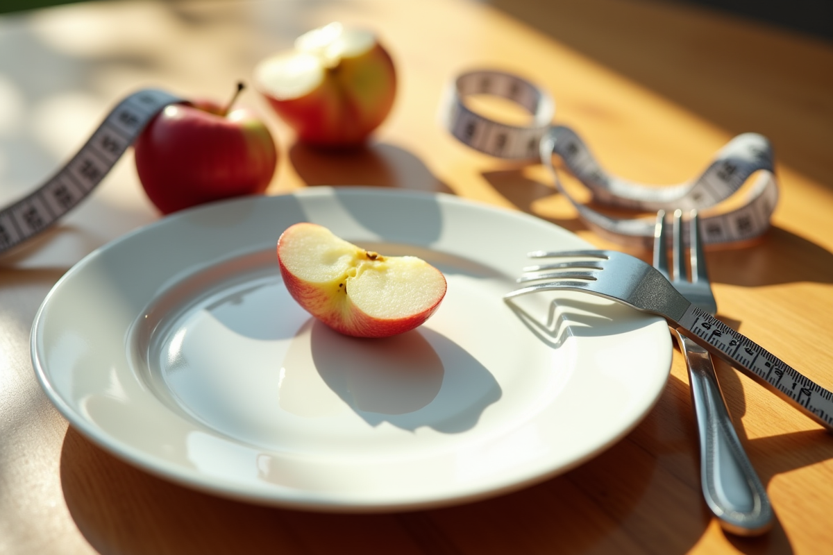 Assiette vide avec couverts et pomme à moitié mangée sur table ensoleillée