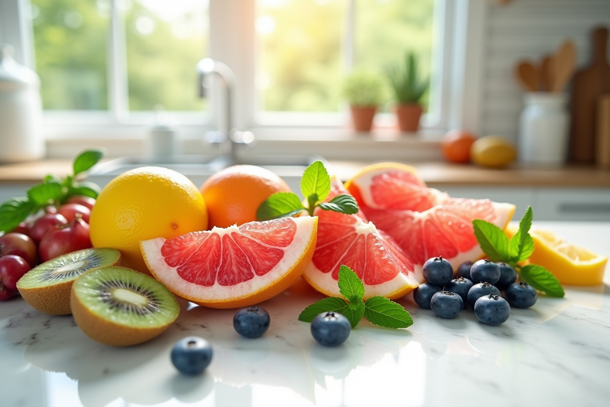 Assortiment de fruits detoxifiants sur plan de travail blanc
