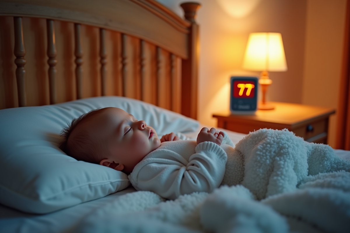 Bebe endormi dans un lit avec thermometre indiquant 77°C