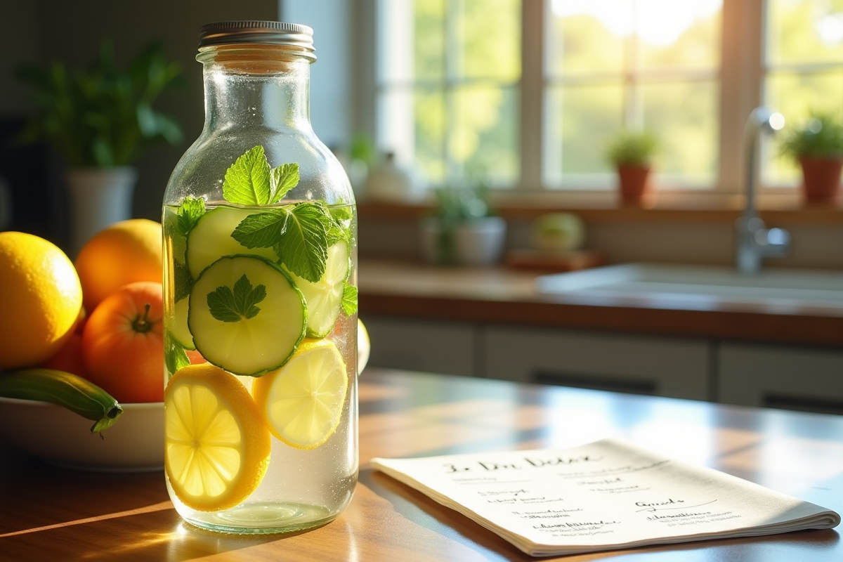 Bouteille d'eau detox infusée citron concombre menthe sur table