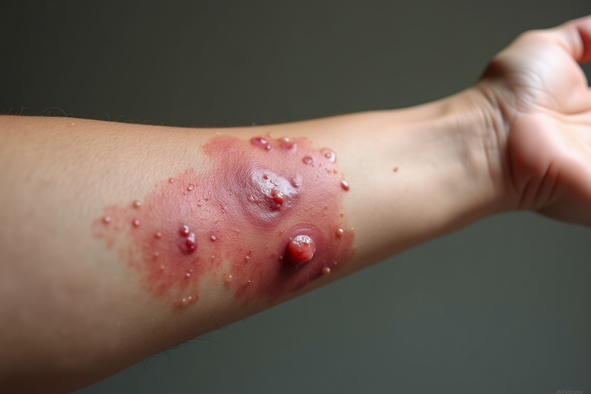 Gros plan sur un bras avec signes de maladie de peau sévère
