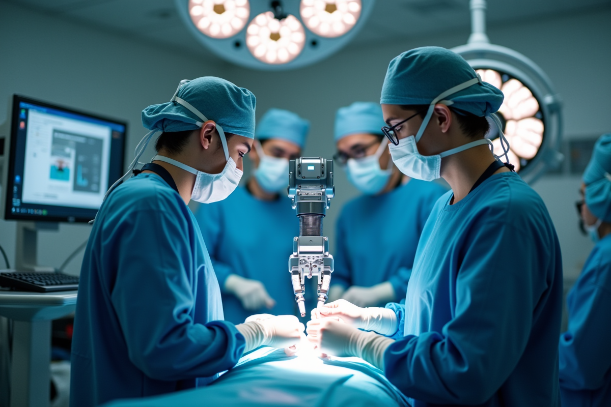 Bras robotique aidant en chirurgie avec équipe médicale