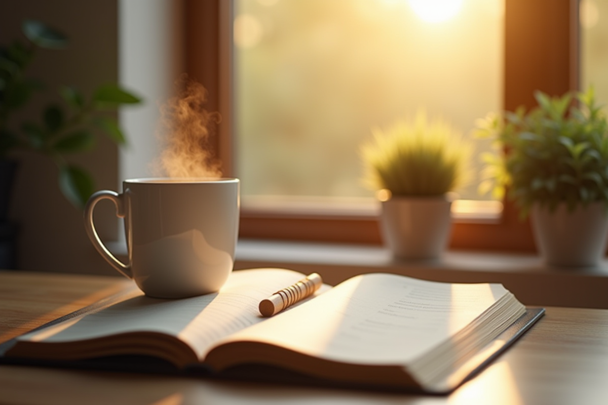 Bureau minimaliste avec journal tasse de thé et plante pour l introspection