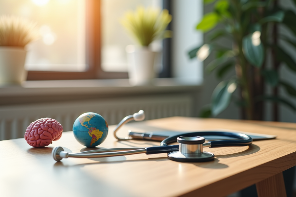Bureau moderne avec stethoscope balle cerveau et globe symbolisant la sante