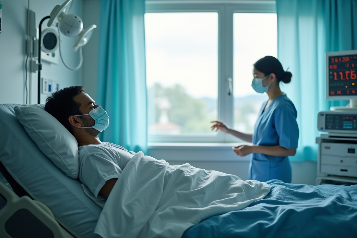 Chambre d'hôpital lumineuse avec patient masqué