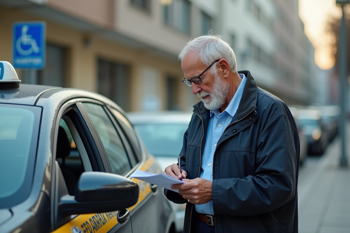 Chauffeur de taxi remplissant un formulaire près du véhicule