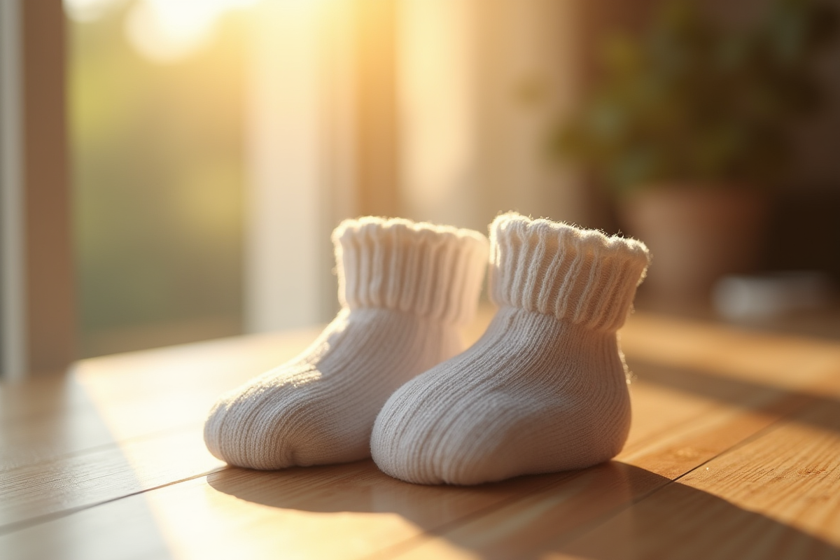 Chaussettes de bébé et scans sur une table en bois lumineuse