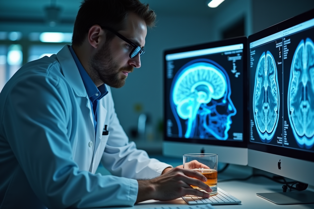Scientifique examinant un whisky avec un scan cérébral