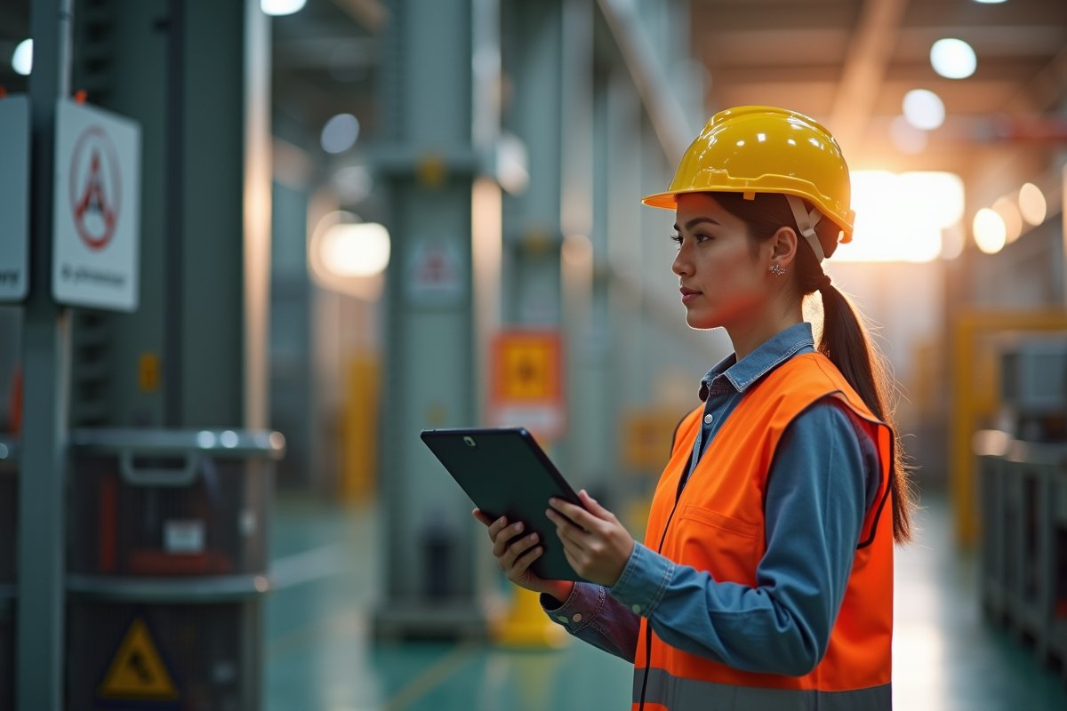 Femme inspectrice en usine avec tablette et signes de sécurité