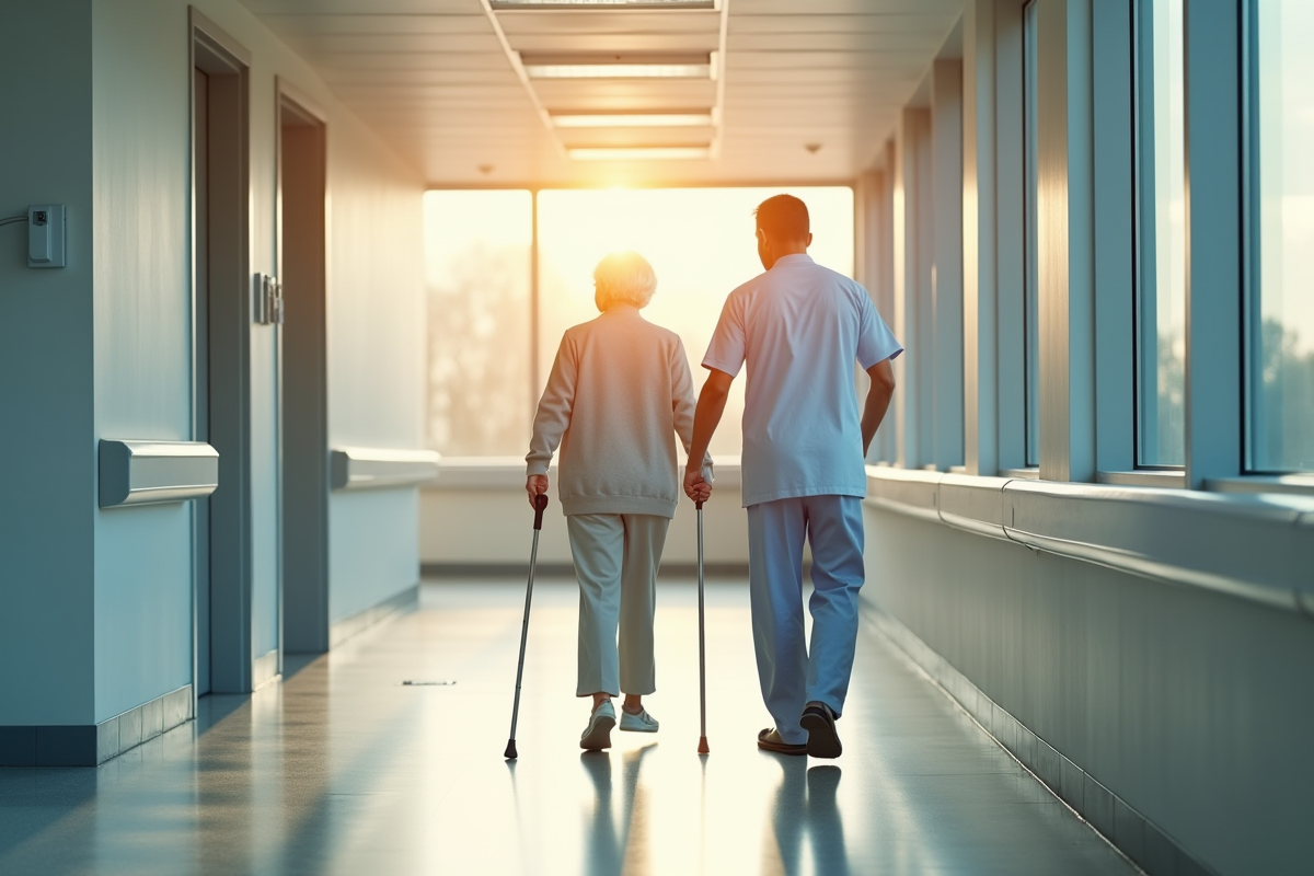 Personne âgée marchant avec une infirmière dans un couloir lumineux
