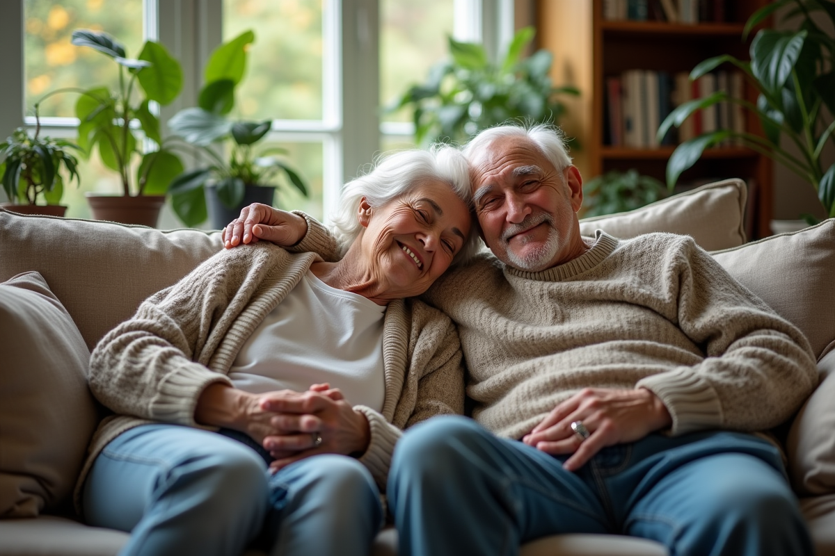 Couple âgé souriant en sieste dans un salon lumineux