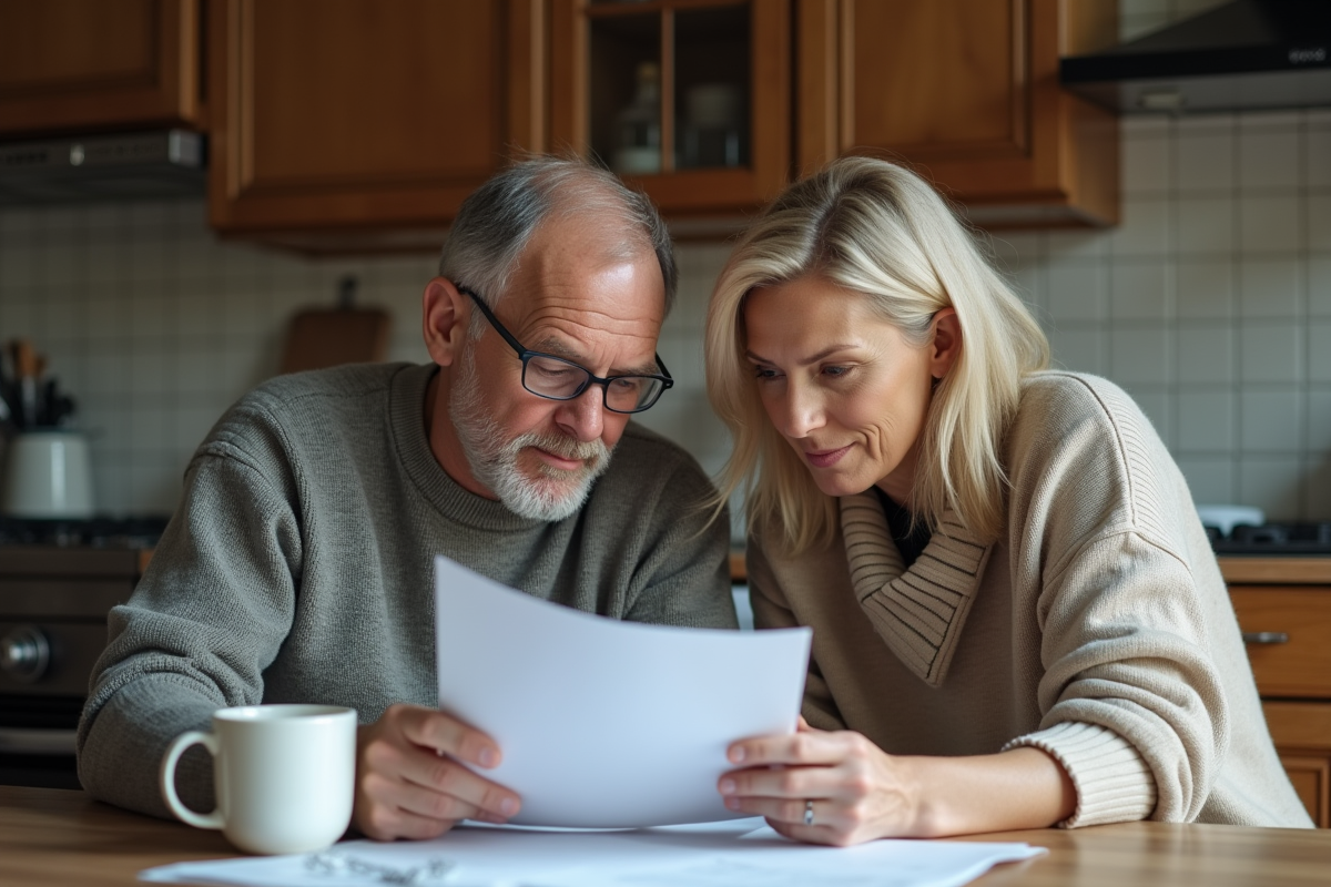 Couple à la maison examinant des papiers et un ordinateur