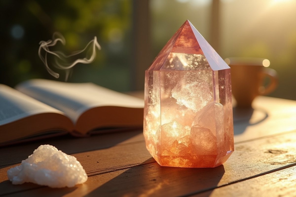 Cristal placé sur une table en bois avec lumière et sauge