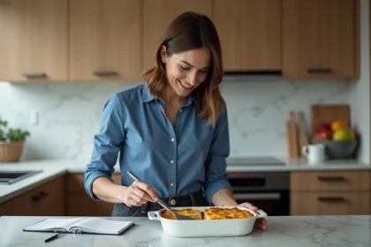 Femme en cuisine partageant une casserole maison