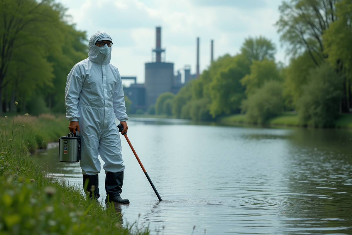 Scientifique en protection préleve des eaux près d une industrie