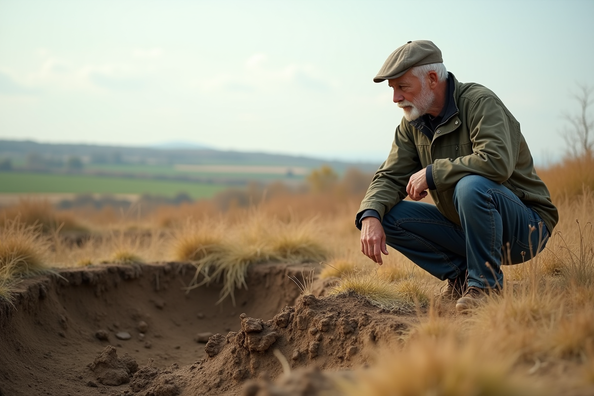 Homme environnementaliste à genoux près de sol érodé