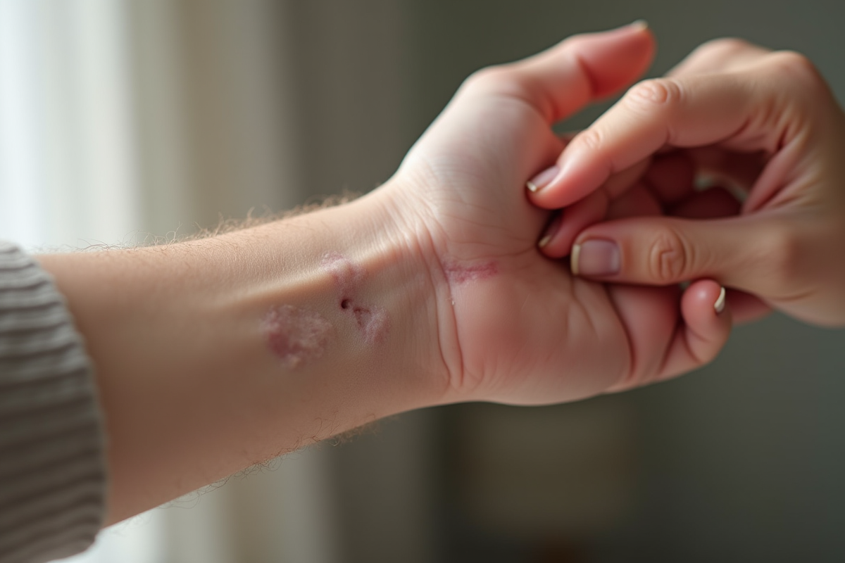 Zoom sur un avant bras avec eczéma et grattage naturel
