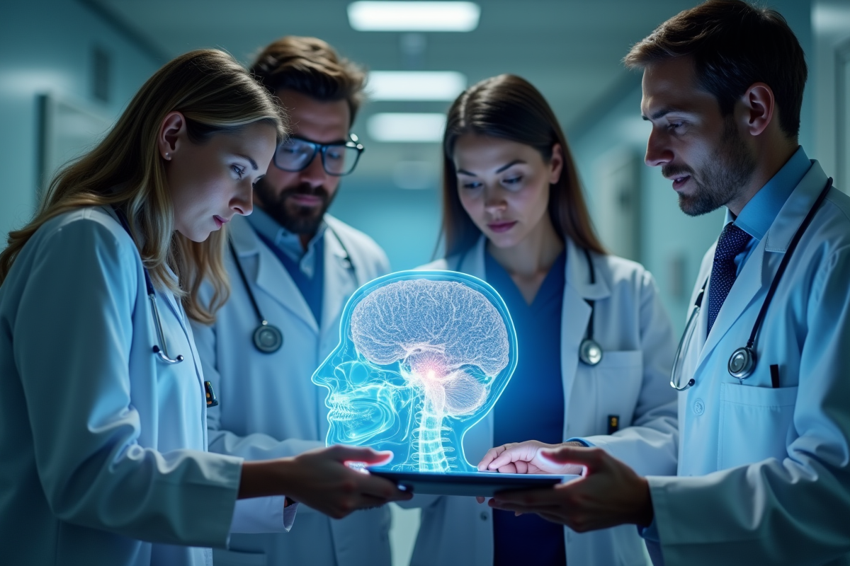 Équipe médicale et ingénieurs collaborant autour d'un hologramme de cerveau