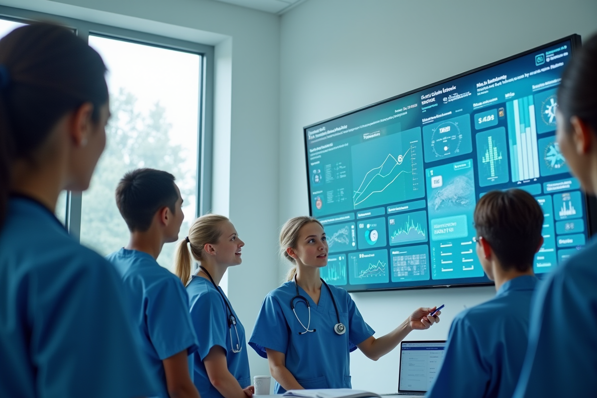 Équipe médicale diverse autour d'un tableau de bord clinique