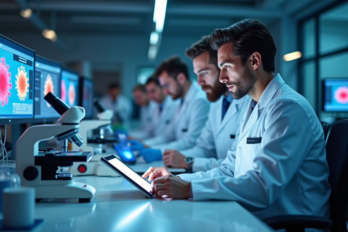 Équipe de scientifiques dans un laboratoire moderne analysant des échantillons
