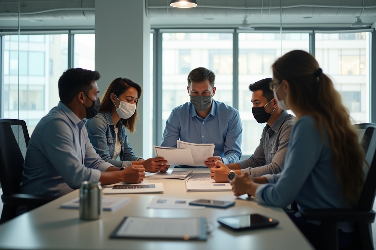 Groupe de collègues en sécurité au bureau avec équipements