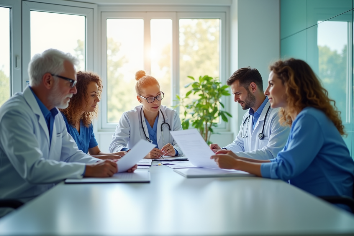 Équipe de soins diversifiée discutant autour d'une table en hôpital
