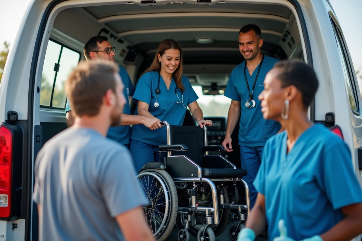Equipe de professionnels chargeant des fauteuils pour don