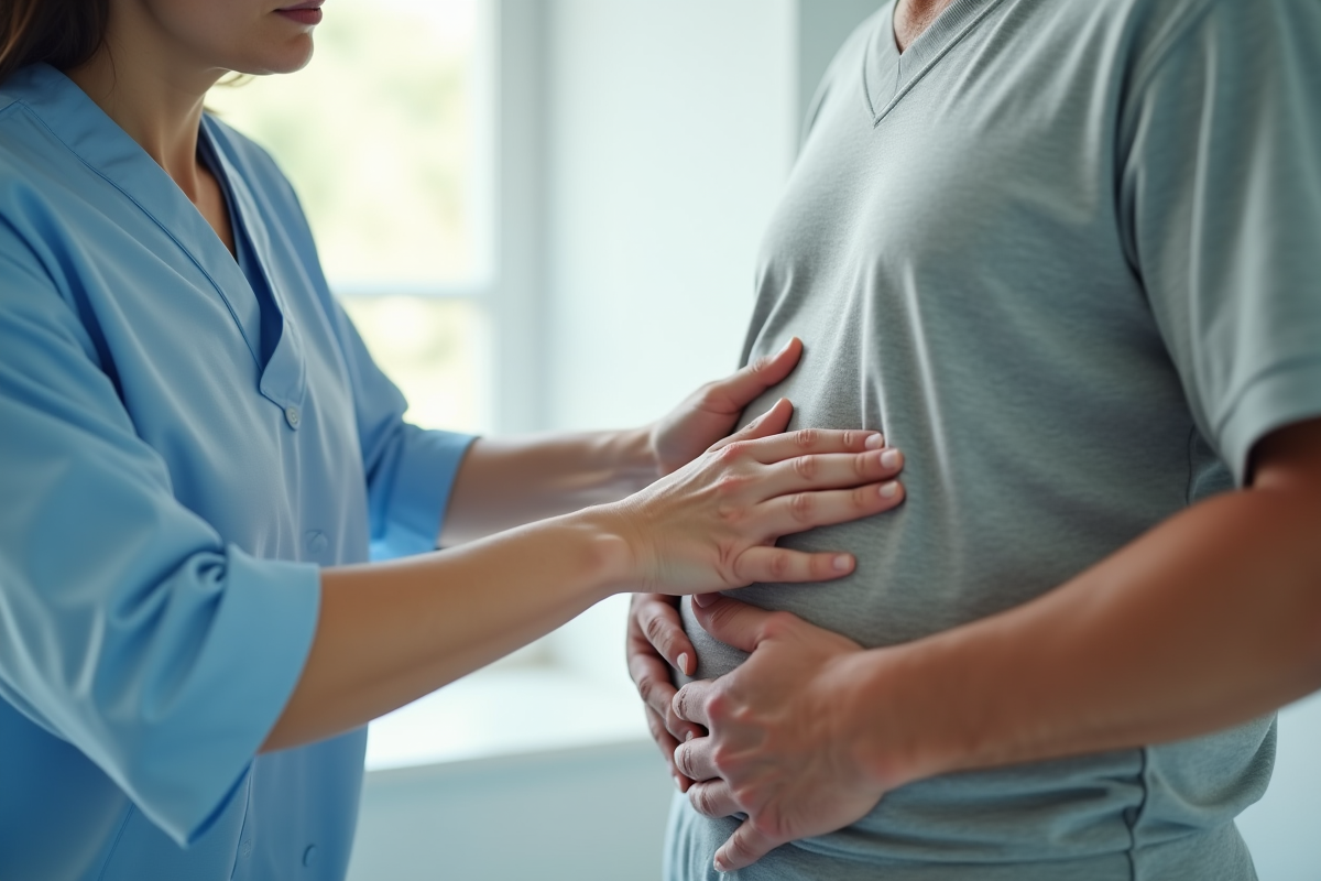 Médecin examinant doucement l'abdomen d'une personne