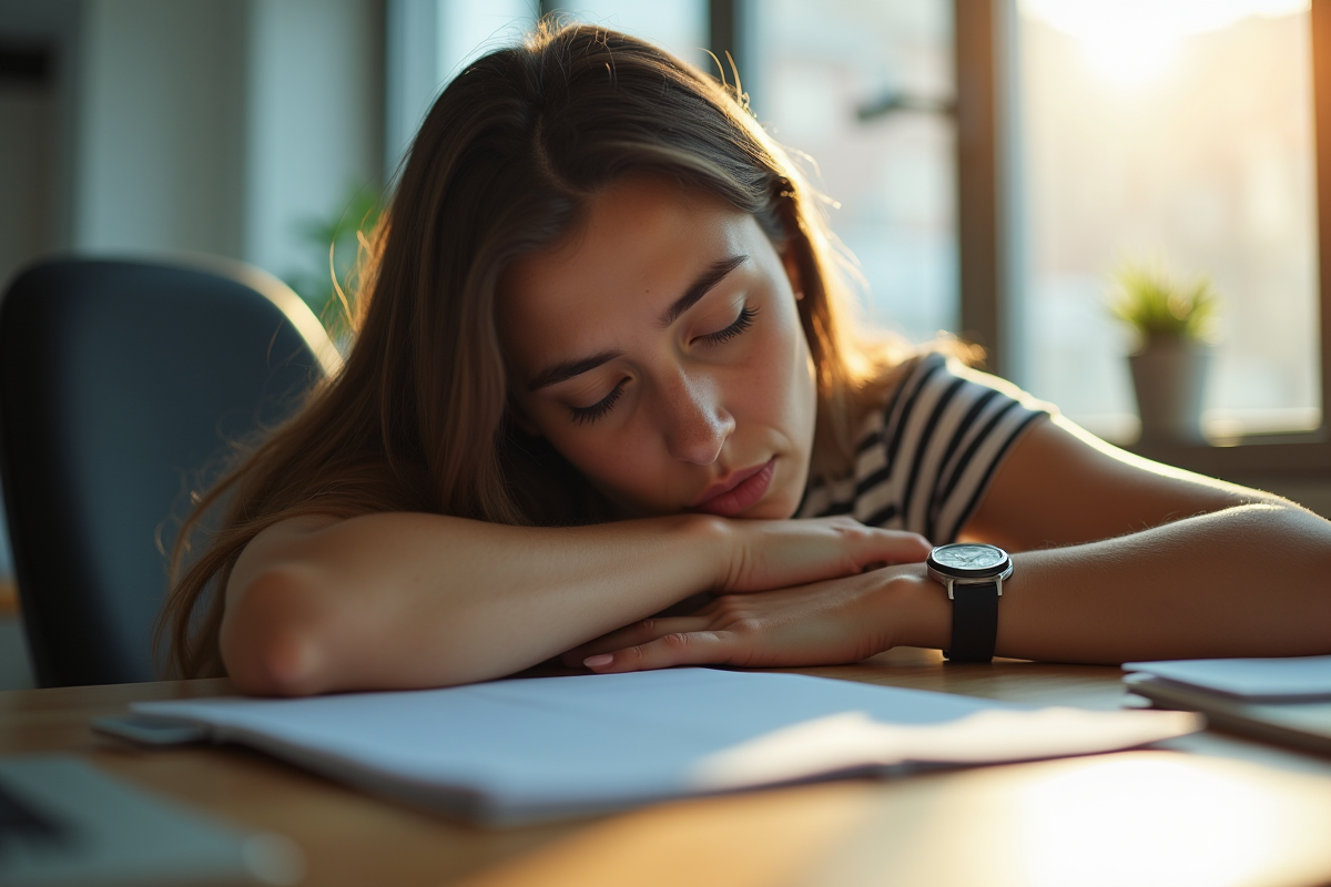 Jeune femme fatiguée au bureau avec fatigue intense