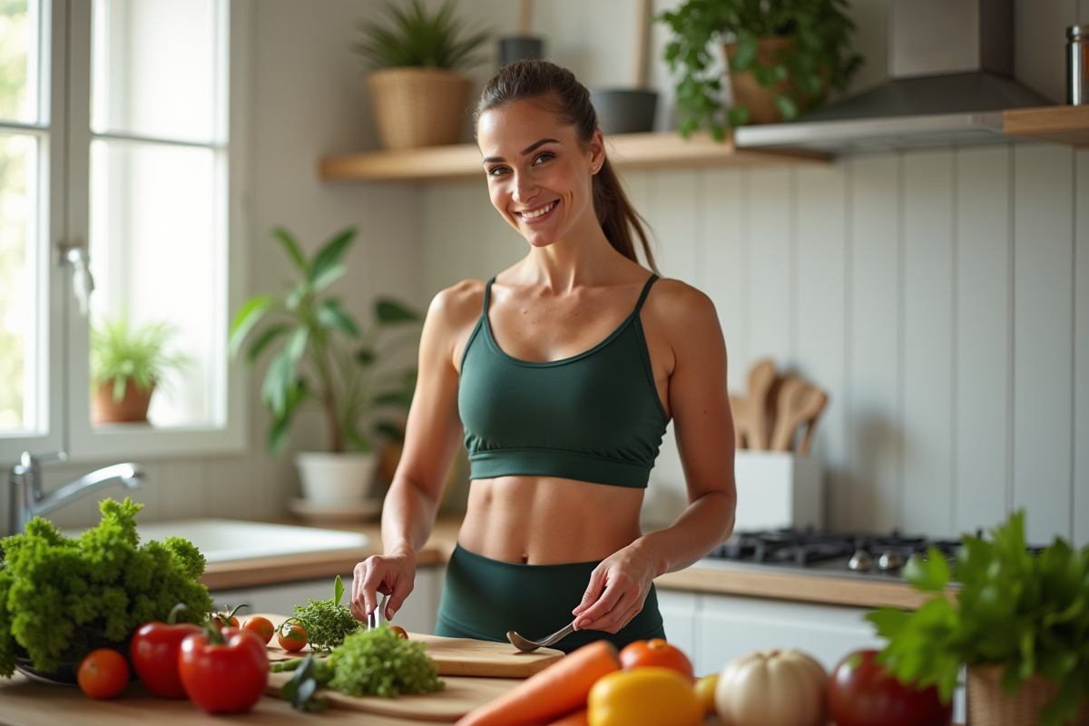Femme active préparant un repas sain dans une cuisine lumineuse