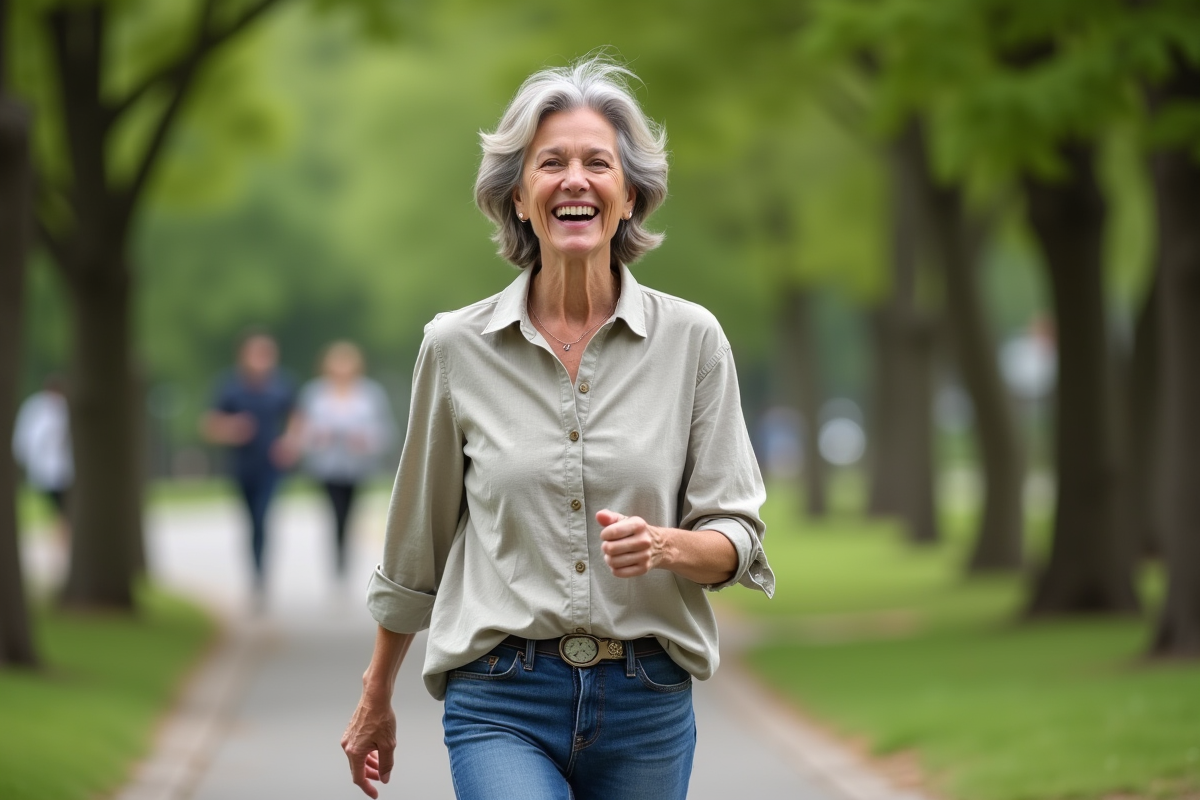 Femme confiante de 44 ans marchant dans un parc urbain