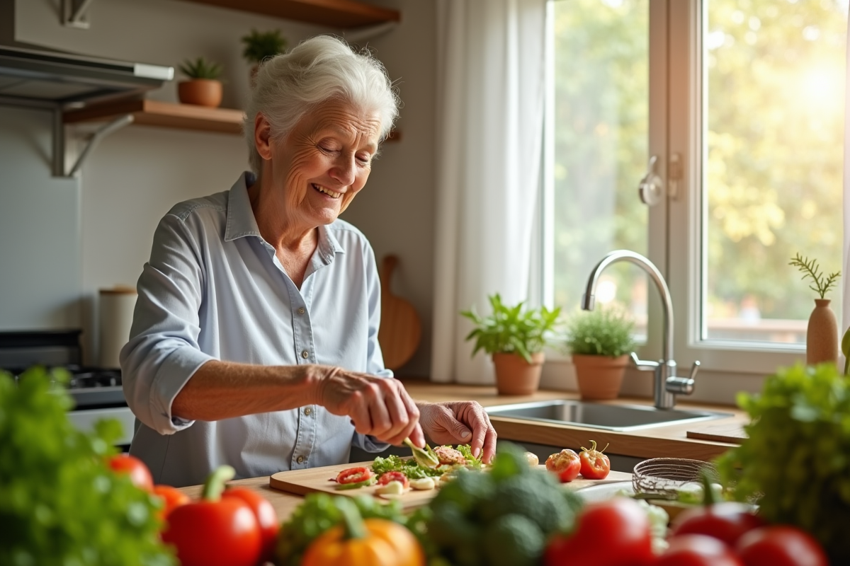 Femme agee cuisine saine dans sa cuisine lumineuse