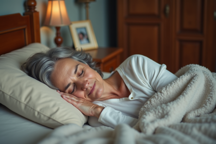 Femme âgée dormant paisiblement dans sa chambre chaleureuse