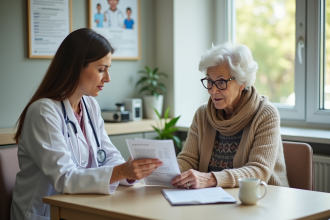 Femme âgée attentive lors d'une consultation médicale