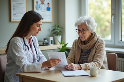 Femme âgée attentive lors d'une consultation médicale