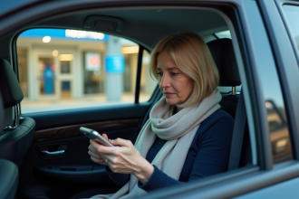 Femme dans un taxi devant un hôpital en attente