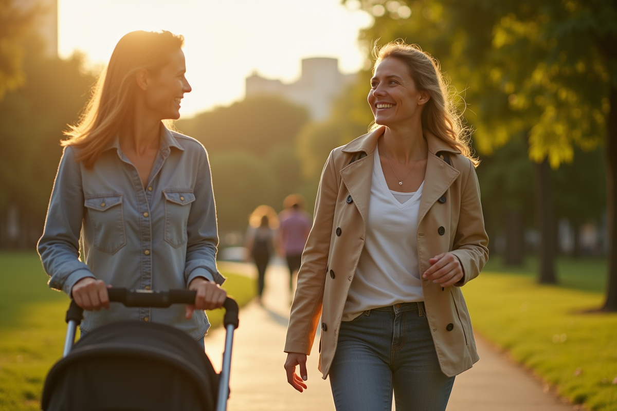 Femme marchant dans un parc avec une poussette en discutant