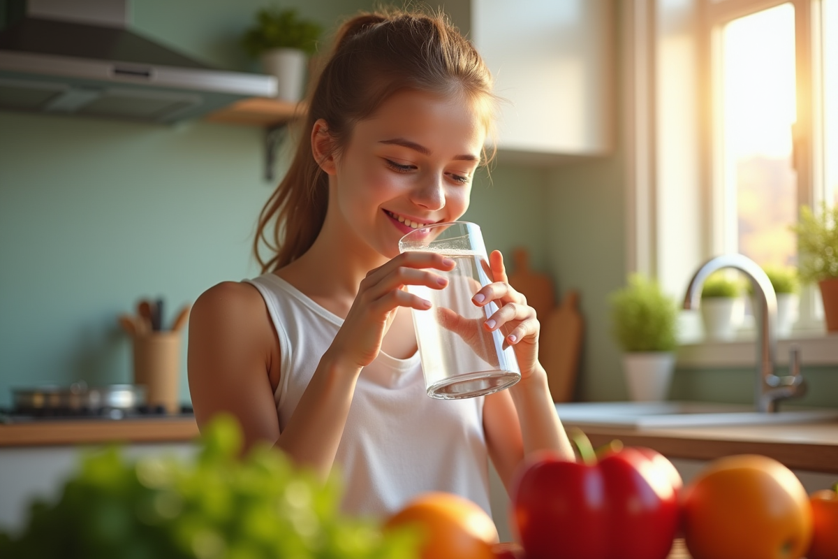 Jeune femme heureuse buvant de l'eau fraîche dans une cuisine lumineuse