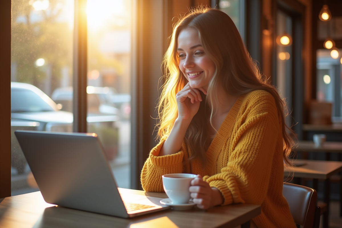 Jeune femme souriante en vidéo appel au café