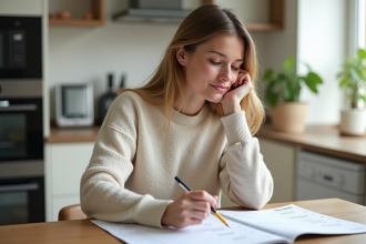 Femme réfléchissant à un calendrier dans une cuisine lumineuse