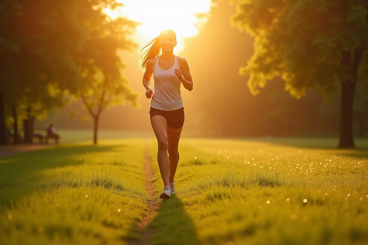 Femme en jogging dans un parc au lever du soleil