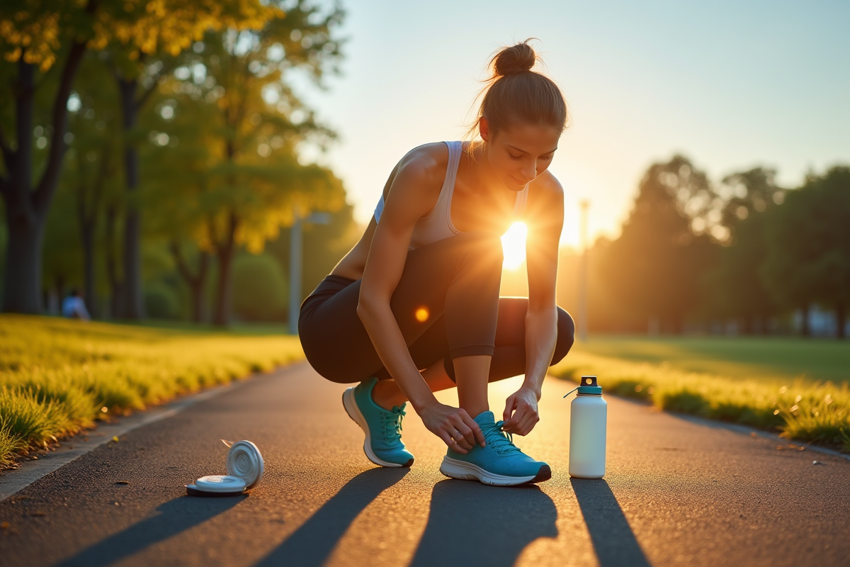Femme sportive en course au parc au lever du soleil